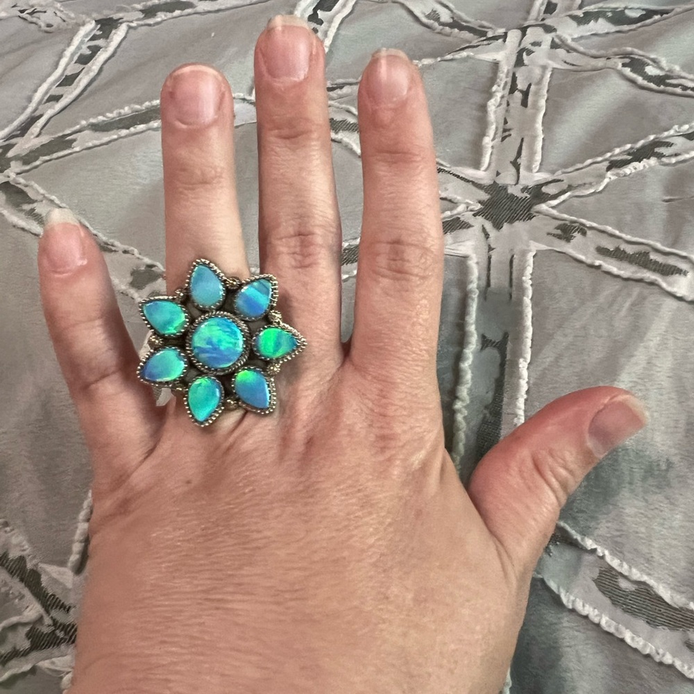Sterling silver blue galaxy opal flower ring - Picture 4 of 5